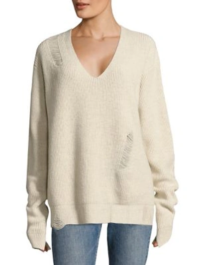 Shop Helmut Lang Distressed V-neck Sweater In Crema