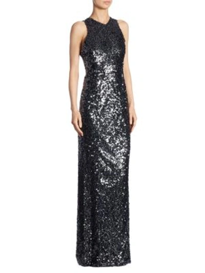 Shop Galvan Sequined Racerback Gown In Ink Blue-black