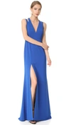 HALSTON HERITAGE DEEP V NECK GOWN WITH BACK CUTOUTS