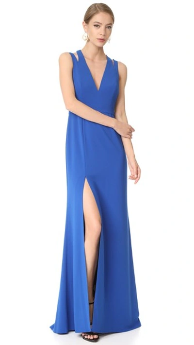 Halston Heritage Deep V Neck Gown With Back Cutouts In Cobalt