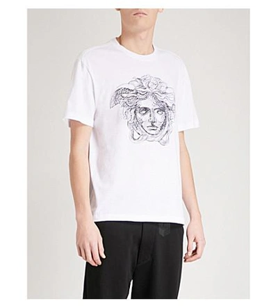 Shop Versace Crystal-embellished Medusa-print Cotton-jersey T-shirt In White