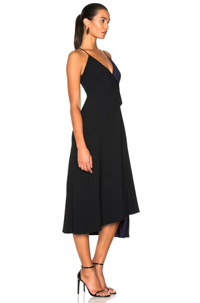 Shop Victoria Beckham Satin Back Crepe Asymmetric V-neck Cami Flare Dress In Black,blue