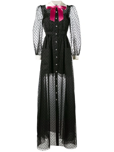 Gucci Sheer Polka Dot Gown With Contrast Collar And Bow In Black