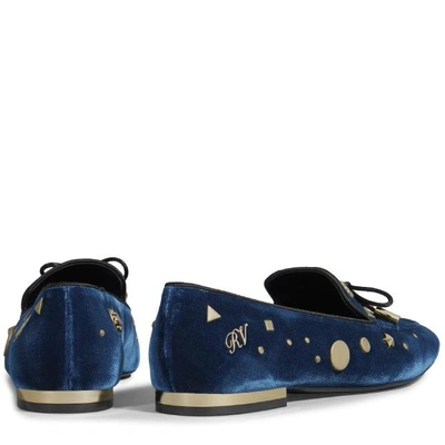 Shop Roger Vivier Astre Studs Loafers In Velvet In Blue, Gold