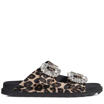 Shop Roger Vivier Slidy Viv' Strass Buckle Sandals In Ponyskin-effect Leather In Brown, Beige, Black