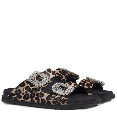 Shop Roger Vivier Slidy Viv' Strass Buckle Sandals In Ponyskin-effect Leather In Brown, Beige, Black