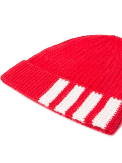 Shop Thom Browne Rib Hat With 4-bar Stripe In Red Cashmere