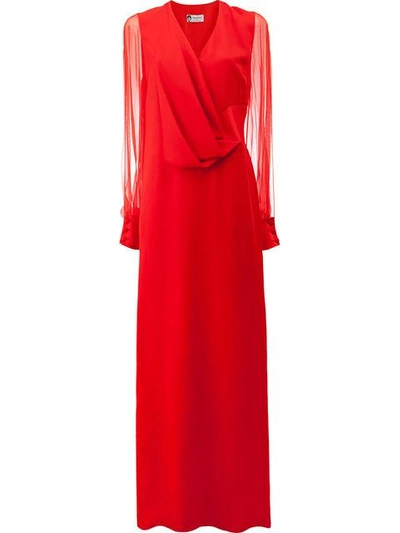 Shop Lanvin Sheer Sleeve Pleated Detail Gown - Red