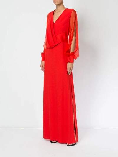 Shop Lanvin Sheer Sleeve Pleated Detail Gown - Red