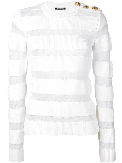 Balmain Button-detail Striped Wool-blend Jumper In White
