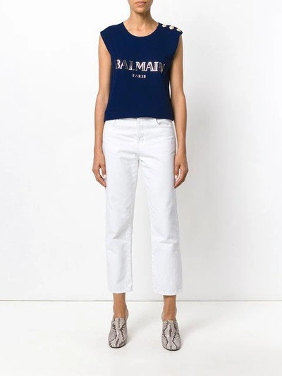 Shop Balmain Logo Button Detail Top - Blue