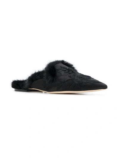 Shop Alberta Ferretti Faux Fur Trim And Floral Embroidered Slippers In Black