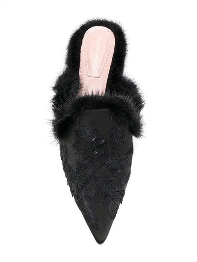 Shop Alberta Ferretti Faux Fur Trim And Floral Embroidered Slippers In Black