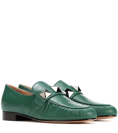 Valentino Garavani 20mm Macro Studs Leather Loafers In Emerald|verde