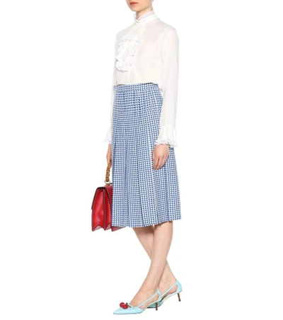 Shop Gucci Pleated Checked Wool Skirt In Blue