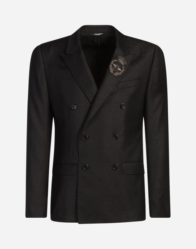 Shop Dolce & Gabbana Two-piece Double-breasted Wool Suit With Patch In Gray