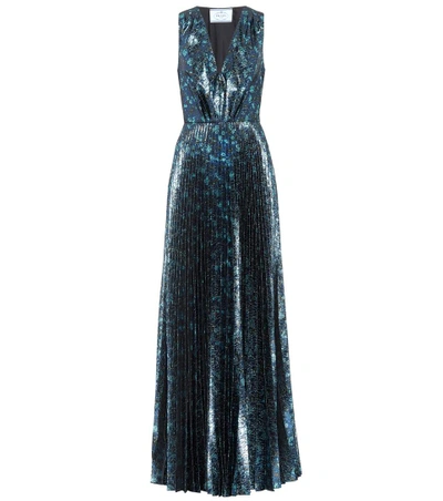 Prada Pleated Metallic Jacquard Gown In Blue