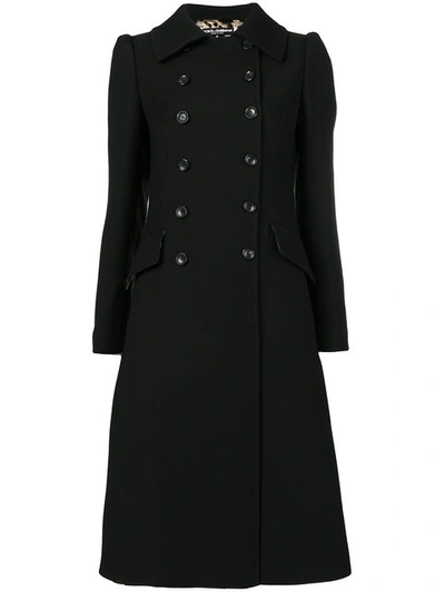 Dolce & Gabbana Double Breasted Wool Crepe A-line Coat In Black