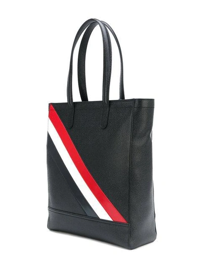 Shop Thom Browne Tote In Black Pebble Grain Red, White And Blue Diagonal Stripe In Calf Leather