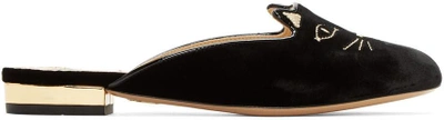 Shop Charlotte Olympia Black Velvet Kitty Slippers