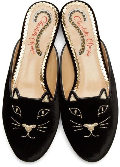 Shop Charlotte Olympia Black Velvet Kitty Slippers