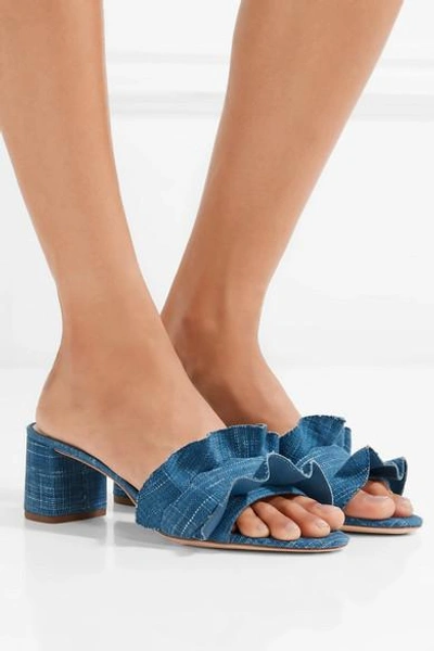 Shop Loeffler Randall Vera Ruffle-trimmed Denim Sandals In Mid Denim