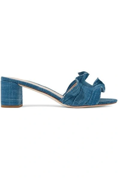 Shop Loeffler Randall Vera Ruffle-trimmed Denim Sandals In Mid Denim