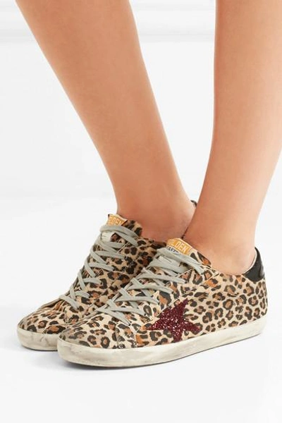 Shop Golden Goose Super Star Glittered Leopard-print Leather Sneakers
