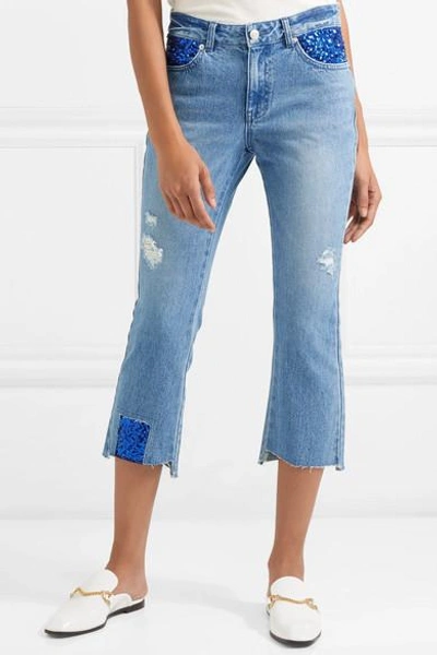 Shop Sjyp Spangle Distressed Sequined High-rise Straight-leg Jeans In Mid Denim