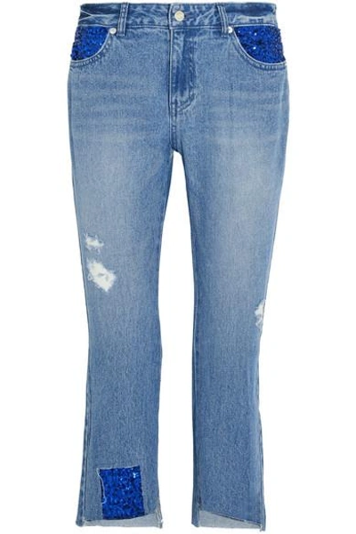 Shop Sjyp Spangle Distressed Sequined High-rise Straight-leg Jeans In Mid Denim