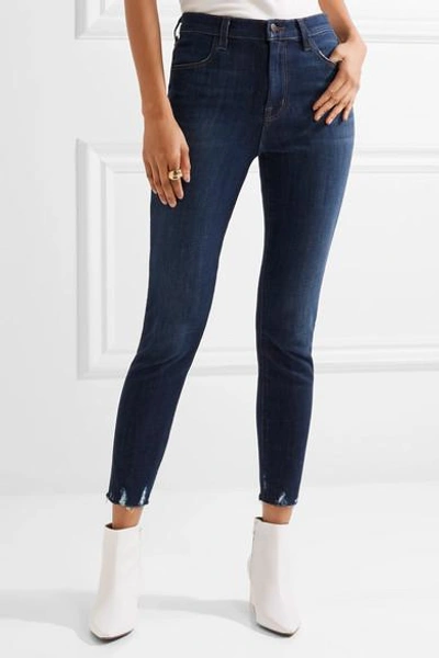 Shop J Brand Alana Cropped Distressed High-rise Skinny Jeans In Dark Denim