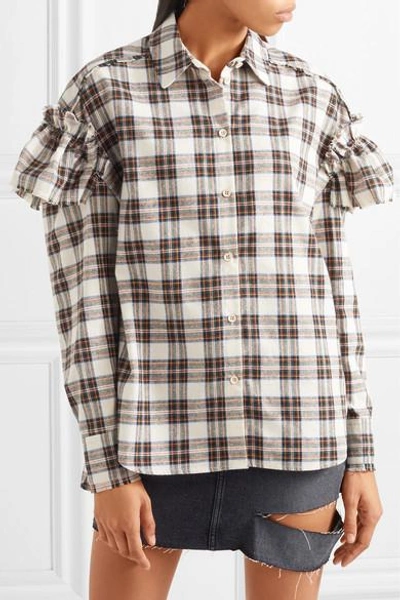 Shop Sjyp Cutout Ruffled Plaid Flannel Shirt In Ivory