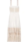 LOVESHACKFANCY EVE FRINGED EMBROIDERED COTTON-VOILE MIDI DRESS