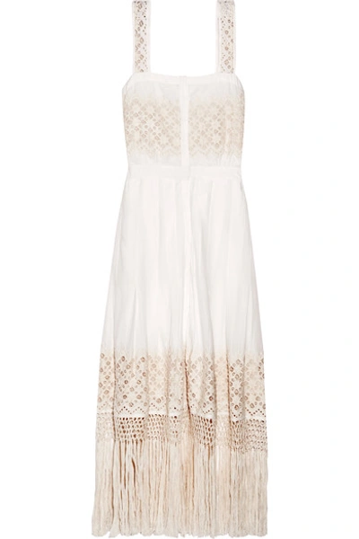 Loveshackfancy Eve Fringed Embroidered Cotton-voile Midi Dress