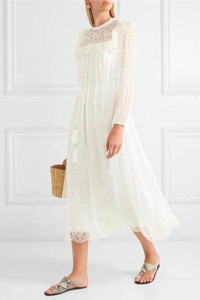 Shop Zimmermann Meridian Circle Lace-paneled Swiss-dot Silk-crepon Midi Dress In Ivory