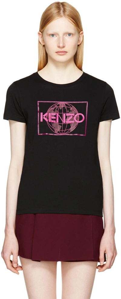 Shop Kenzo Black Logo World T-shirt In 99 Black/pink