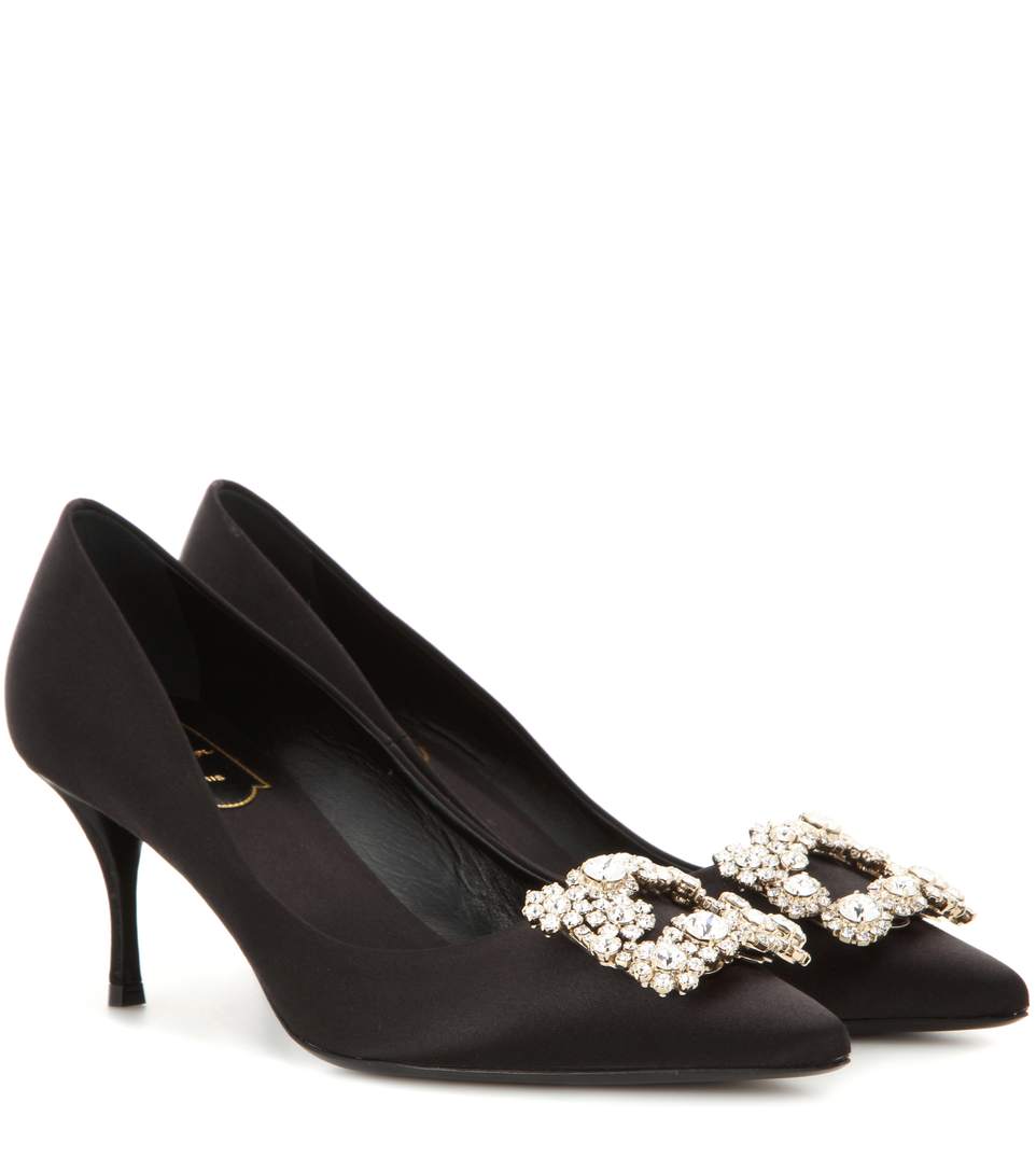 Roger vivier silk satin decorated with an expensive emblematic rhinestone buckle and mounted on best sale an impact heel