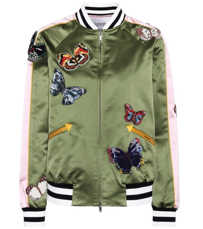 Shop Valentino Silk Bomber Jacket With Appliqués In Green