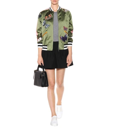 Shop Valentino Silk Bomber Jacket With Appliqués In Green