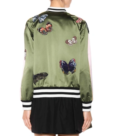 Shop Valentino Silk Bomber Jacket With Appliqués In Green