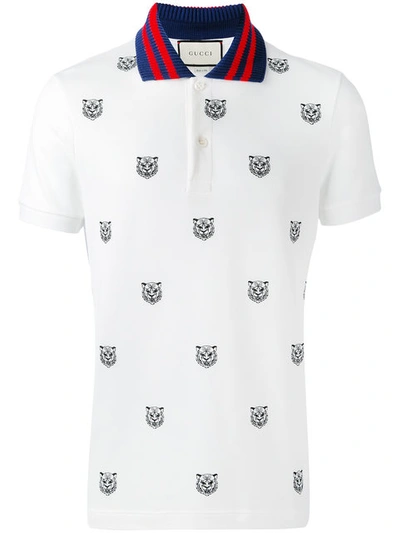 Gucci Cotton Polo With Tiger Head Embroidery In White Navy