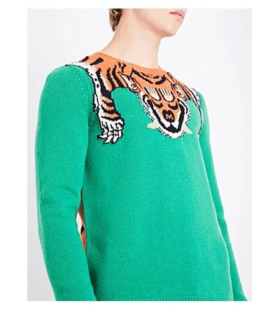 Shop Gucci Tiger Jacquard-knitted Wool Sweater In Green