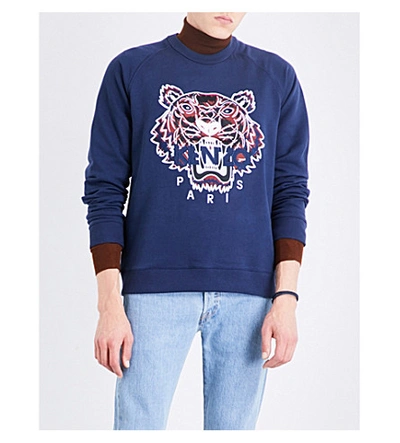 Shop Kenzo Tiger-embroidered Cotton-jersey Sweatshirt In Ink