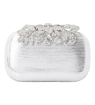Dune Emberrs Embellished Clasp Clutch Bag In Silver-reptile