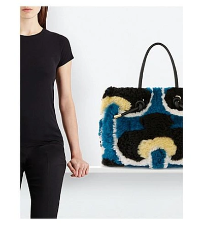 Shop Marni Patterned Shearling Tote In Cobalt