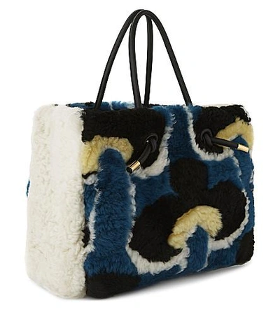 Shop Marni Patterned Shearling Tote In Cobalt