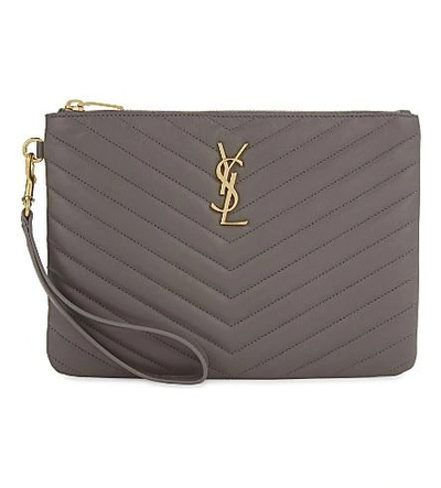 Saint Laurent Monogram Quilted Leather Pouch In Fog