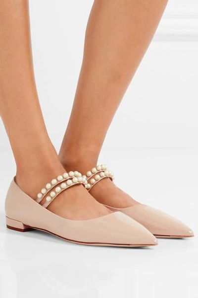 Shop Miu Miu Faux Pearl-embellished Patent-leather Point-toe Flats