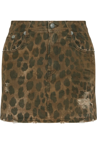 R13 Distressed Leopard-print Denim Mini Skirt In Brown/black