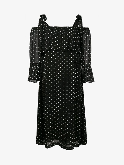 Shop Ganni Monette Polka Dot Off-shoulder Dress In Black